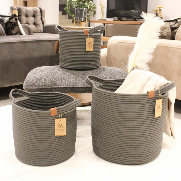 Jüt Halat Sepet Kulplu Antrasit Büyük 3'lü Set