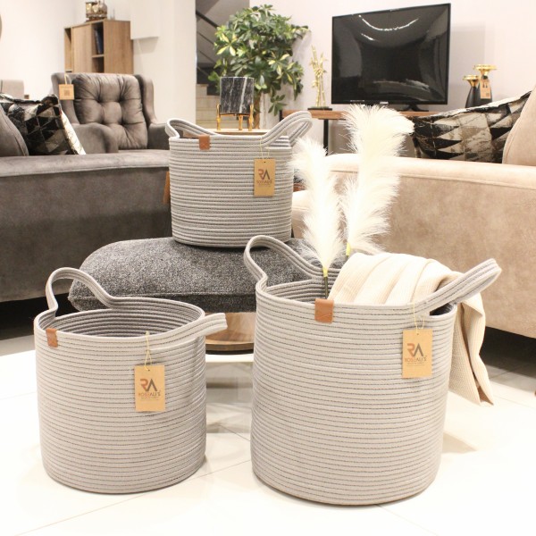 Jüt Halat Sepet Kulplu Gri Büyük 3'lü Set