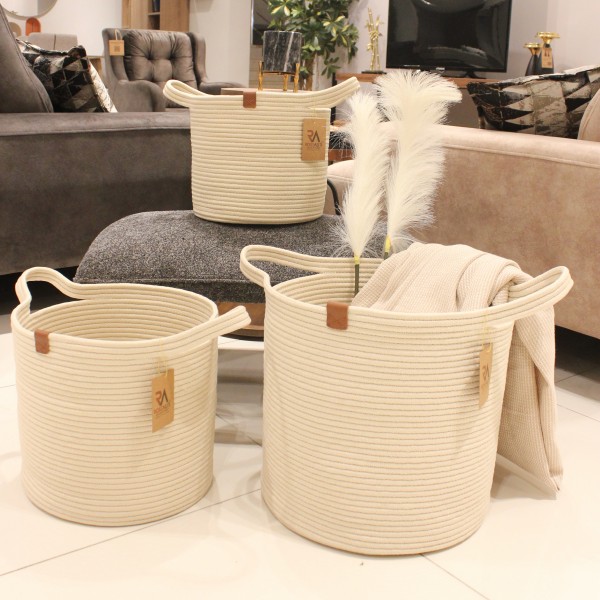 Jüt Halat Sepet Kulplu Krem Büyük 3'lü Set