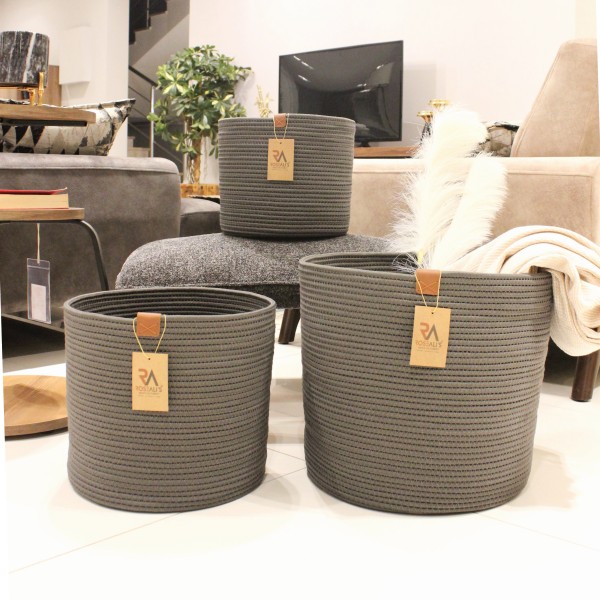 Jüt Halat Sepet Kulpsuz Antrasit Büyük 3'lü Set