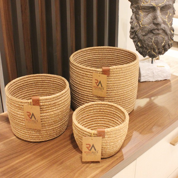 Jüt Halat Sepet Kulpsuz Bej Küçük 3'lü Set