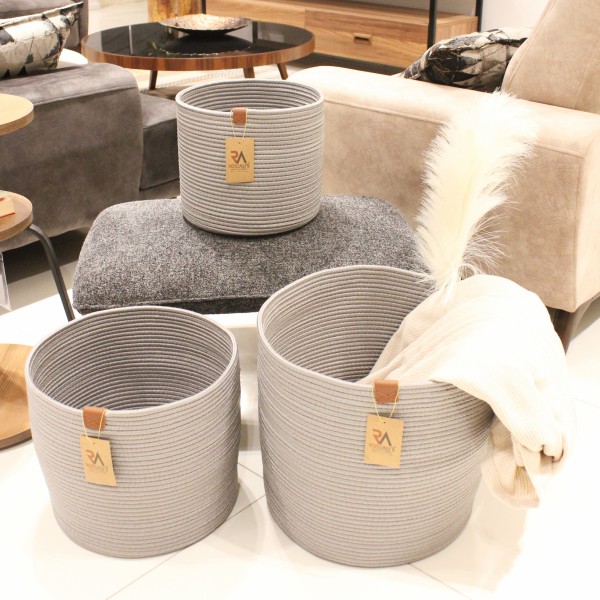 Jüt Halat Sepet Kulpsuz Gri Büyük 3'lü Set