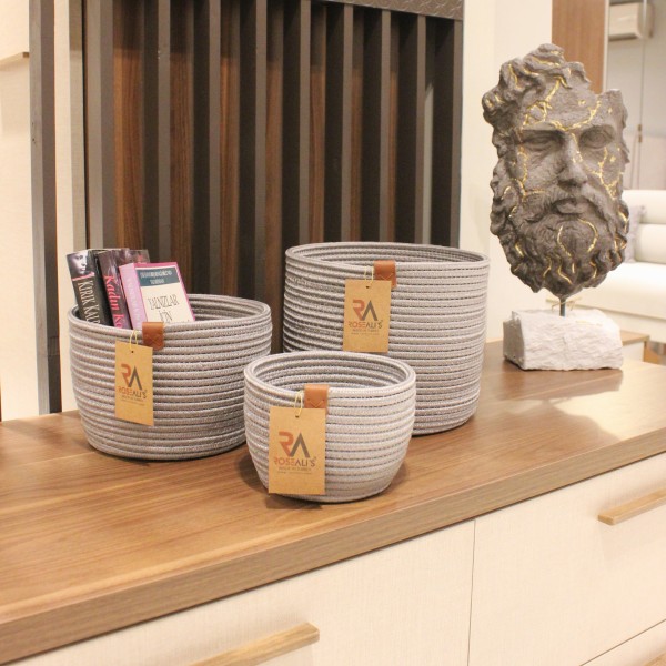 Jüt Halat Sepet Kulpsuz Gri Küçük 3'lü Set
