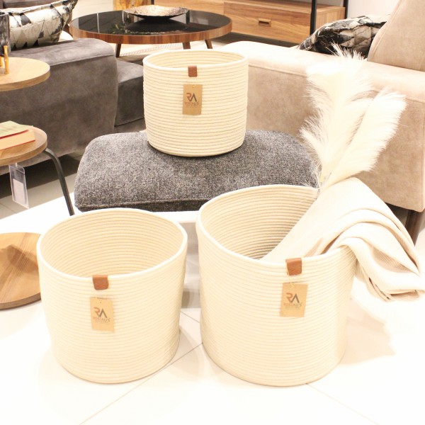 Jüt Halat Sepet Kulpsuz Krem Büyük 3'lü Set