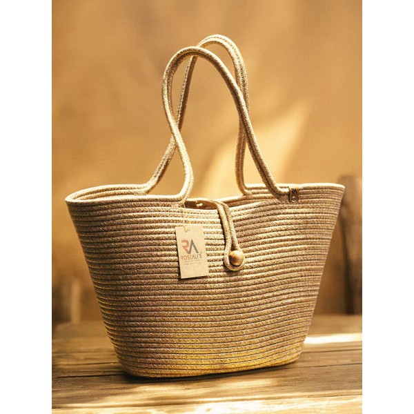 Jüt Düğmeli Hasır Plaj Çantası