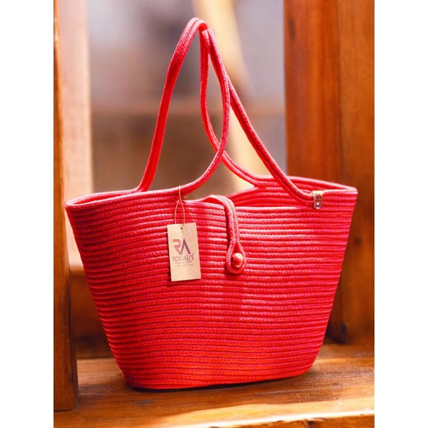 Jüt Düğmeli Kırmızı Plaj Çantası