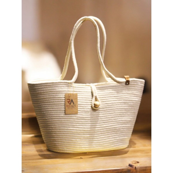 Jüt Düğmeli Krem Plaj Çantası