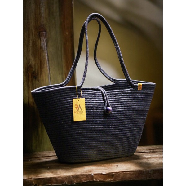 Jüt Düğmeli Lacivert Plaj Çantası