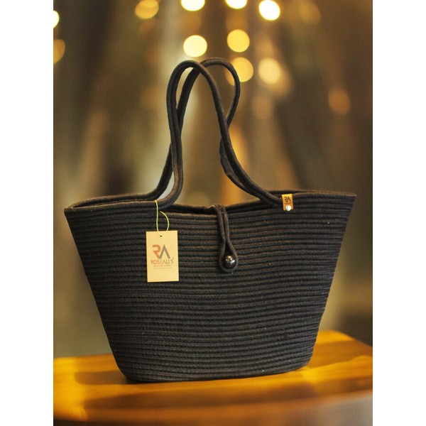 Jüt Düğmeli Siyah Plaj Çantası