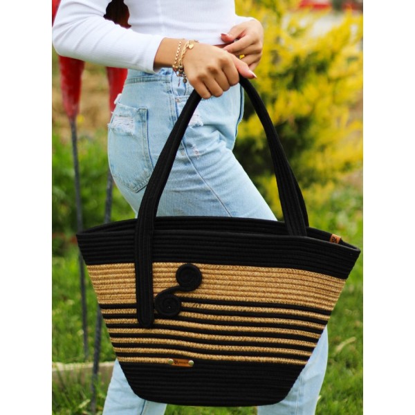 Jüt Siyah Hasır Omuz Çantası