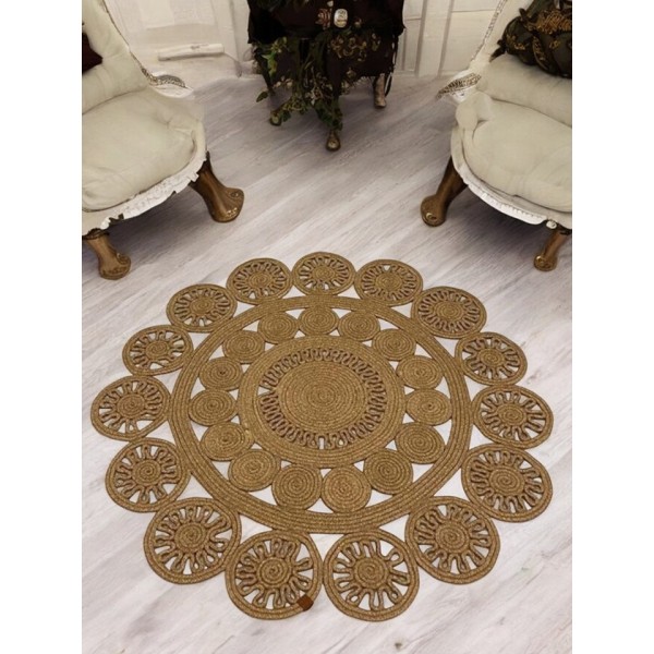 El Örgüsü Jüt Hasırlı Yuvarlak Kilim Hasır