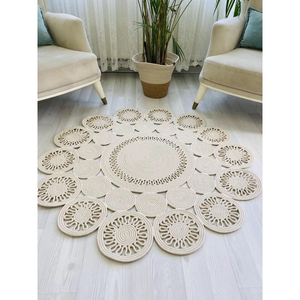 El Örgüsü Jüt Hasırlı Yuvarlak Kilim Krem