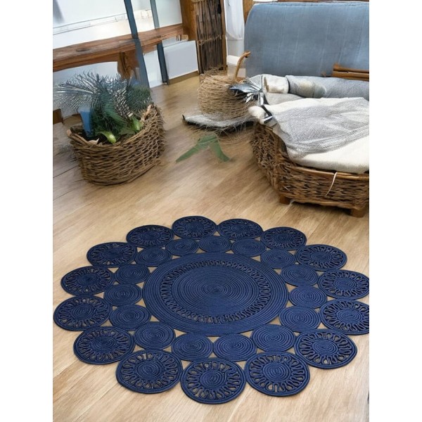 El Örgüsü Jüt Hasırlı Yuvarlak Kilim Lacivert