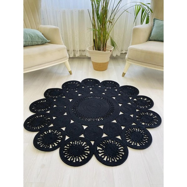 El Örgüsü Jüt Hasırlı Yuvarlak Kilim Siyah