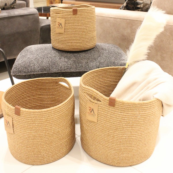 Jüt Halat Sepet Kısa Kulplu Bej Büyük 3'lü Set