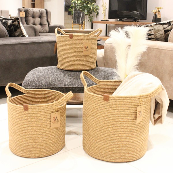 Jüt Halat Sepet Kulplu Bej Büyük 3'lü Set
