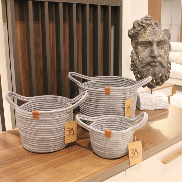 Jüt Halat Sepet Kulplu Gri Küçük 3'lü Set