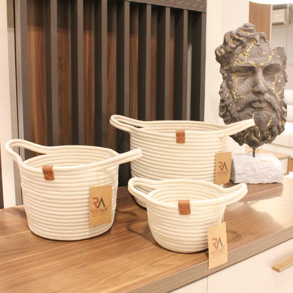 Jüt Halat Sepet Kulplu Krem Küçük 3'lü Set