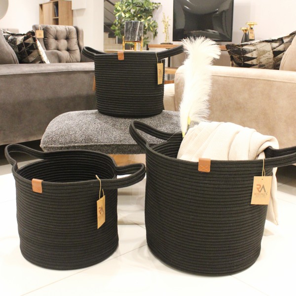 Jüt Halat Sepet Kulplu Siyah Büyük 3'lü Set