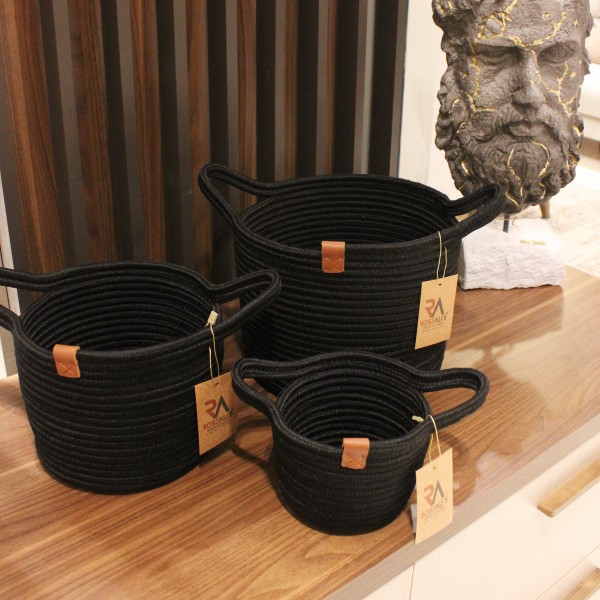 Jüt Halat Sepet Kulplu Siyah Küçük 3'lü Set