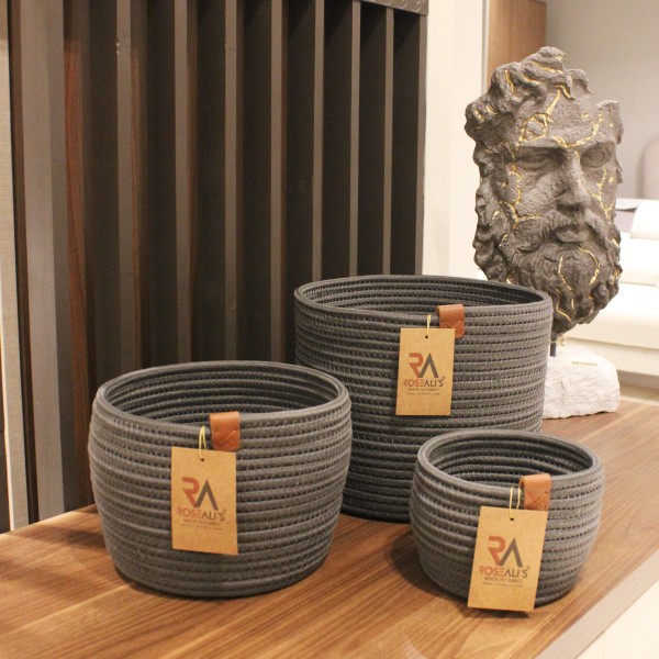 Jüt Halat Sepet Kulpsuz Antrasit Küçük 3'lü Set