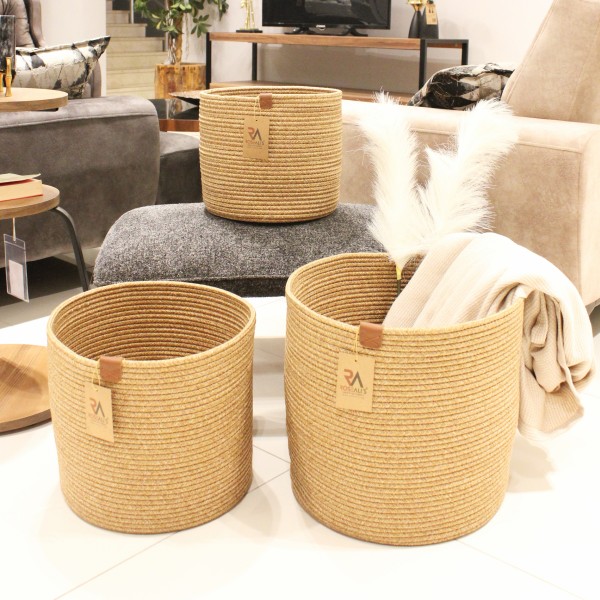 Jüt Halat Sepet Kulpsuz Bej Büyük 3'lü Set