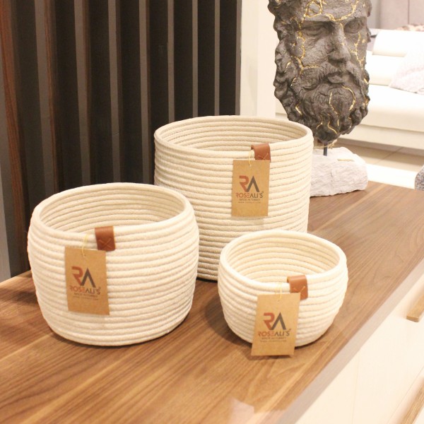 Jüt Halat Sepet Kulpsuz Krem Küçük 3'lü Set