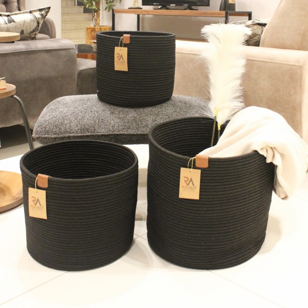 Jüt Halat Sepet Kulpsuz Siyah Büyük 3'lü Set