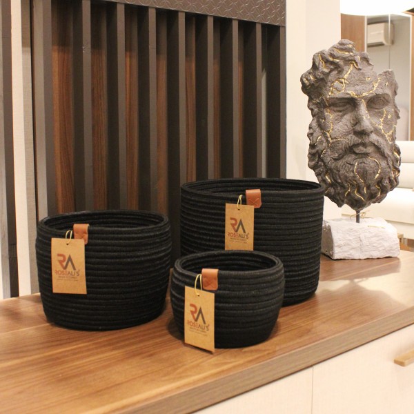 Jüt Halat Sepet Kulpsuz Siyah Küçük 3'lü Set